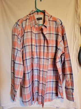Orvis Coral and Light Blue Plaid Button-Down Shirt